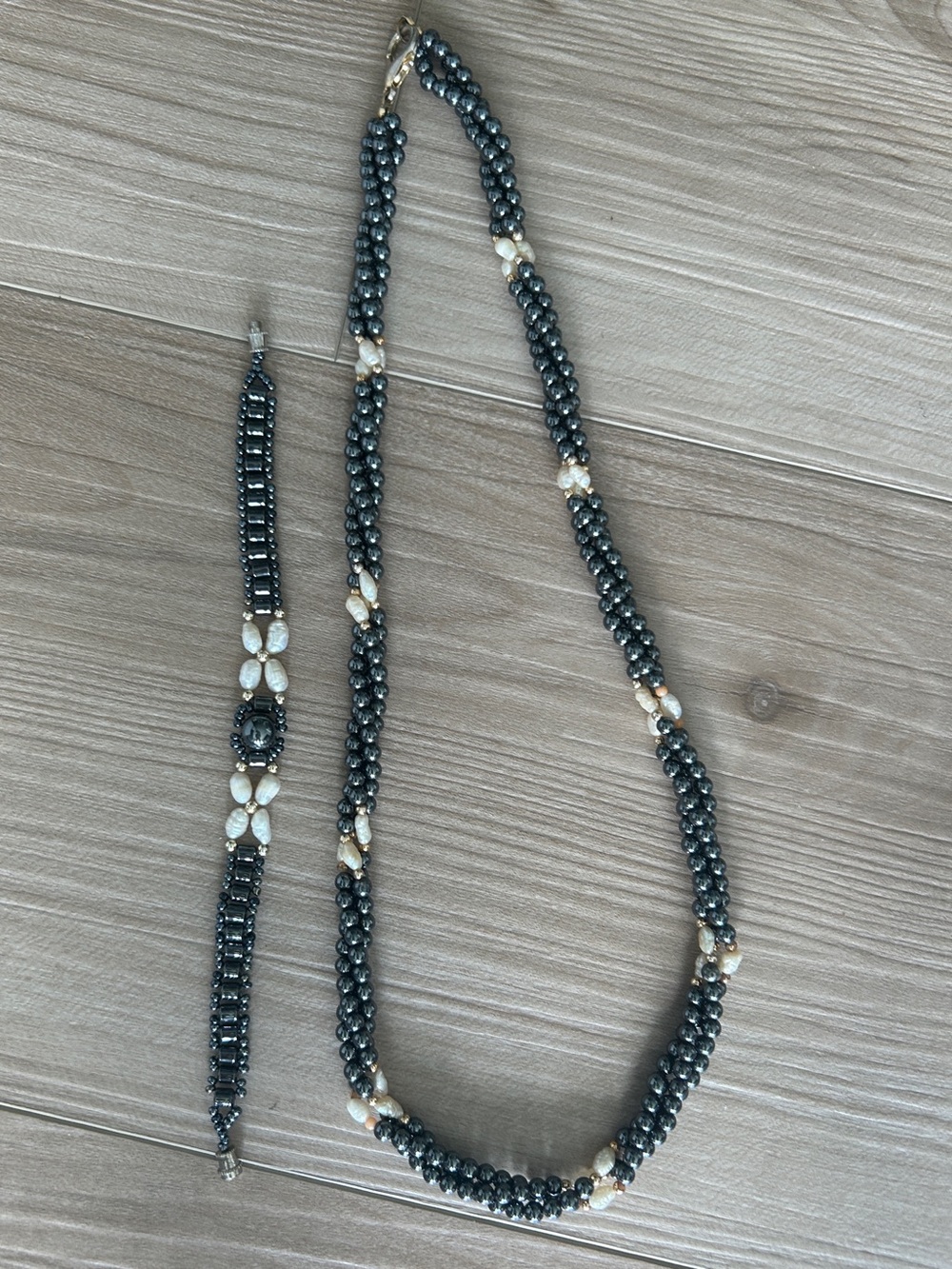 Vintage hematite Beaded Necklace with Pearl Accents